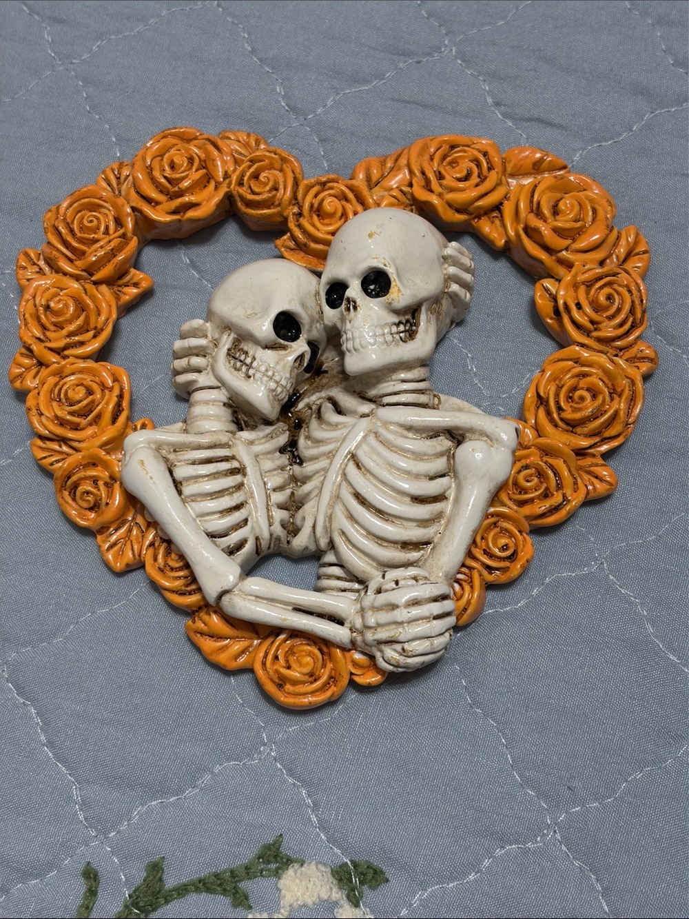 New in Box Skeletons Forever love Embraced in Orange Roses Frame Ready to Hang